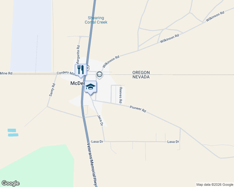 map of restaurants, bars, coffee shops, grocery stores, and more near 220 Reeves Road in McDermitt