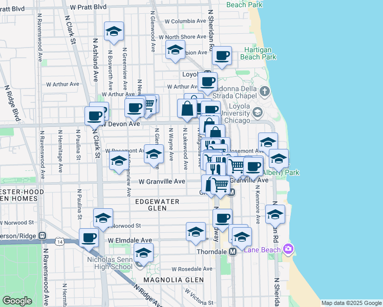 map of restaurants, bars, coffee shops, grocery stores, and more near 6234 North Lakewood Avenue in Chicago