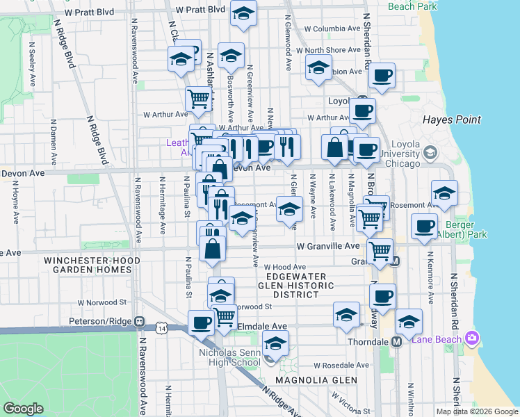 map of restaurants, bars, coffee shops, grocery stores, and more near 1455 West Rosemont Avenue in Chicago