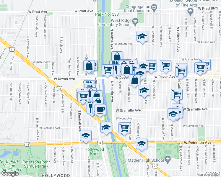 map of restaurants, bars, coffee shops, grocery stores, and more near 6318 North Kedzie Avenue in Chicago