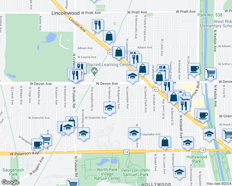 map of restaurants, bars, coffee shops, grocery stores, and more near 6322 North Ridgeway Avenue in Chicago