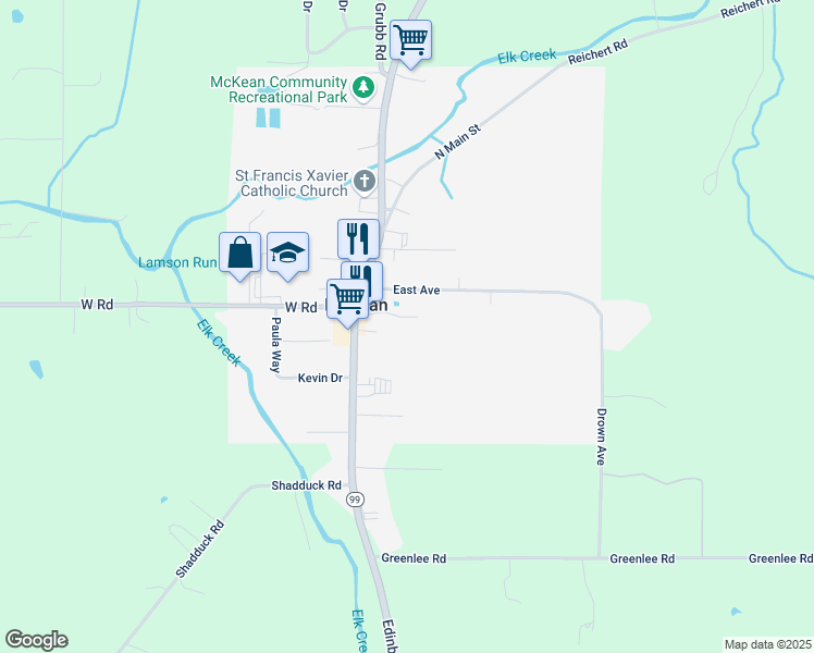 map of restaurants, bars, coffee shops, grocery stores, and more near 9065 Edinboro Rd in McKean