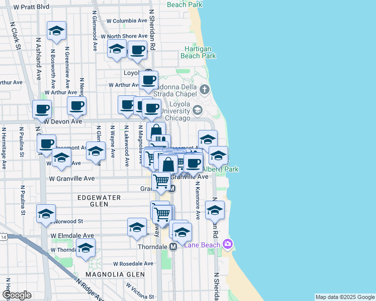map of restaurants, bars, coffee shops, grocery stores, and more near 1061 West Rosemont Avenue in Chicago