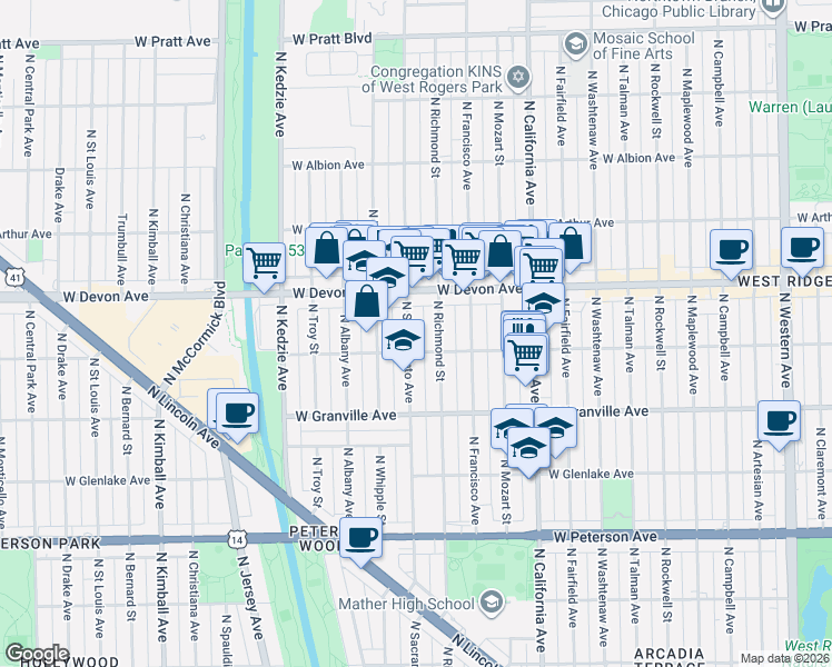 map of restaurants, bars, coffee shops, grocery stores, and more near 6317 North Sacramento Avenue in Chicago