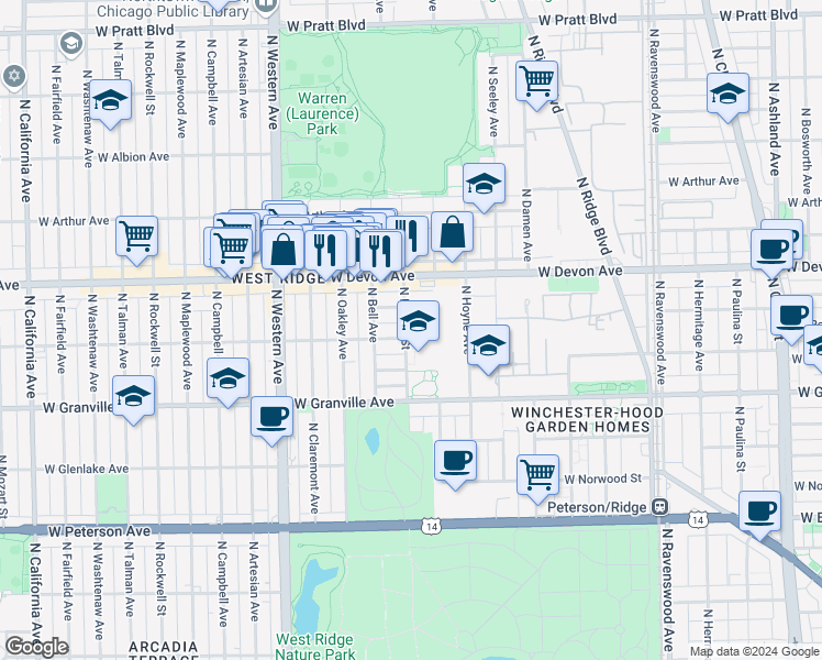 map of restaurants, bars, coffee shops, grocery stores, and more near 2156 West Rosemont Avenue in Chicago