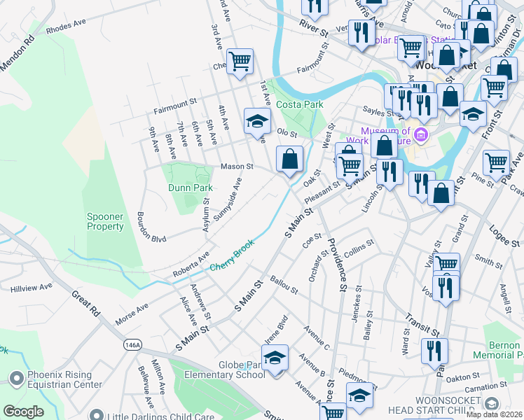map of restaurants, bars, coffee shops, grocery stores, and more near 108 Mason Street in Woonsocket