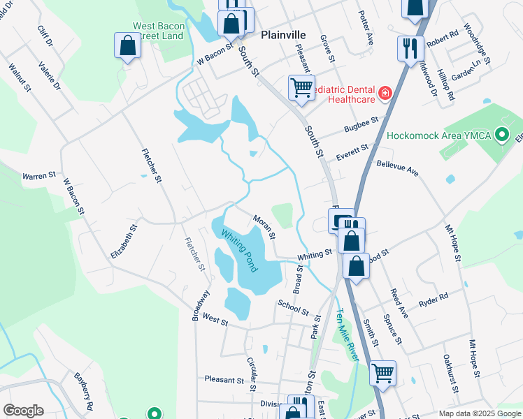 map of restaurants, bars, coffee shops, grocery stores, and more near 77 Moran Street in North Attleborough