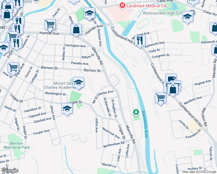 map of restaurants, bars, coffee shops, grocery stores, and more near 494 Manville Road in Woonsocket