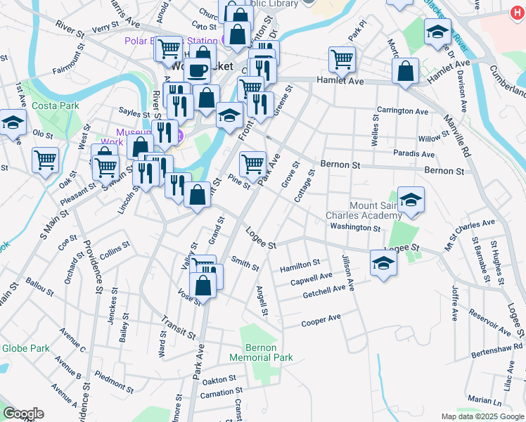 map of restaurants, bars, coffee shops, grocery stores, and more near 25 Crawford Street in Woonsocket