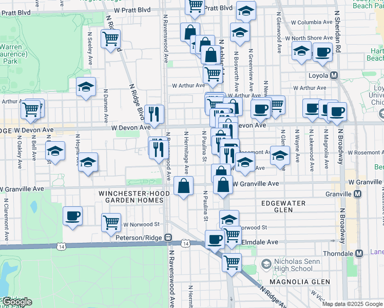 map of restaurants, bars, coffee shops, grocery stores, and more near 6346 North Hermitage Avenue in Chicago
