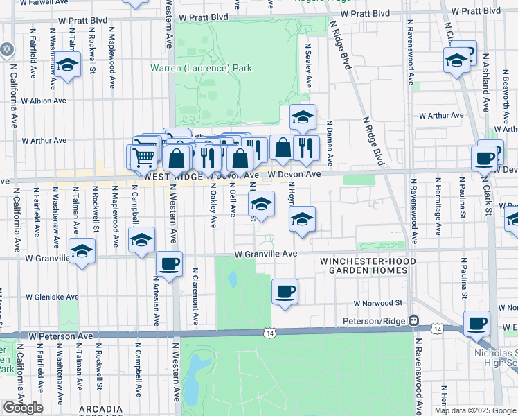 map of restaurants, bars, coffee shops, grocery stores, and more near 2138 West Highland Avenue in Chicago