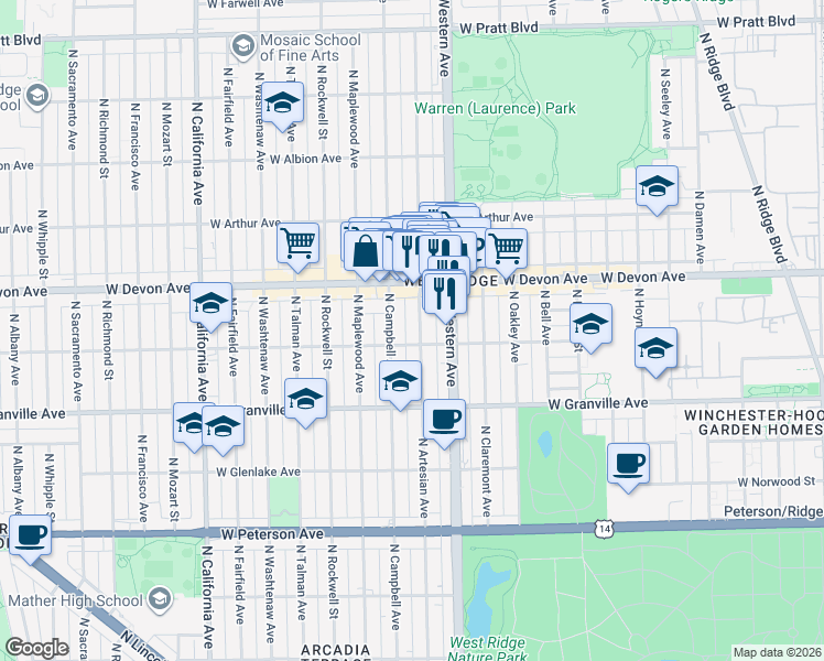 map of restaurants, bars, coffee shops, grocery stores, and more near in Chicago