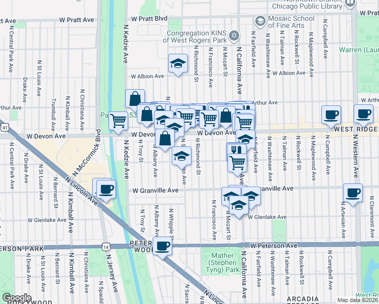 map of restaurants, bars, coffee shops, grocery stores, and more near in Chicago