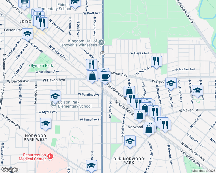 map of restaurants, bars, coffee shops, grocery stores, and more near 7112 West Highland Avenue in Chicago
