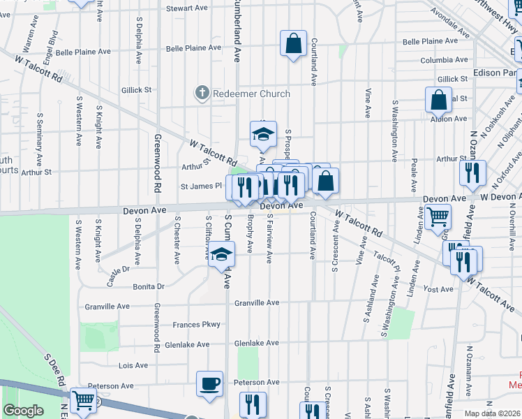 map of restaurants, bars, coffee shops, grocery stores, and more near 800 Devon Avenue in Park Ridge