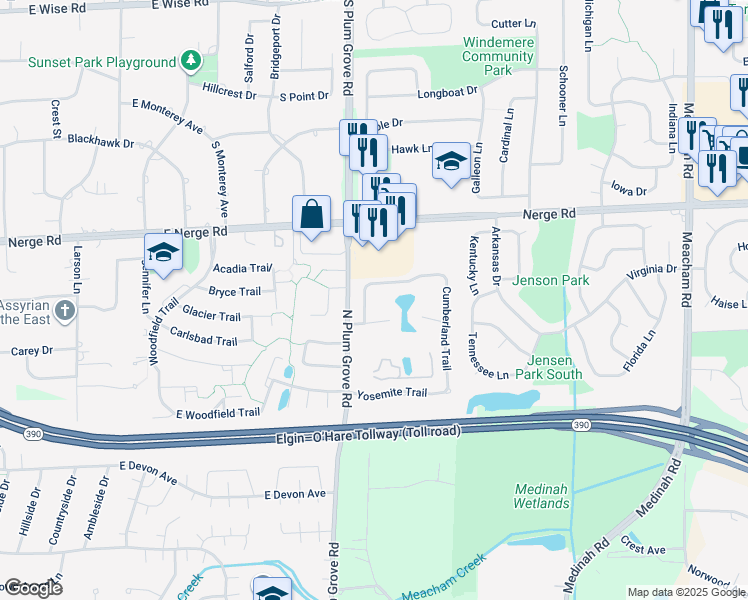 map of restaurants, bars, coffee shops, grocery stores, and more near 876 Cross Creek Drive North in Roselle