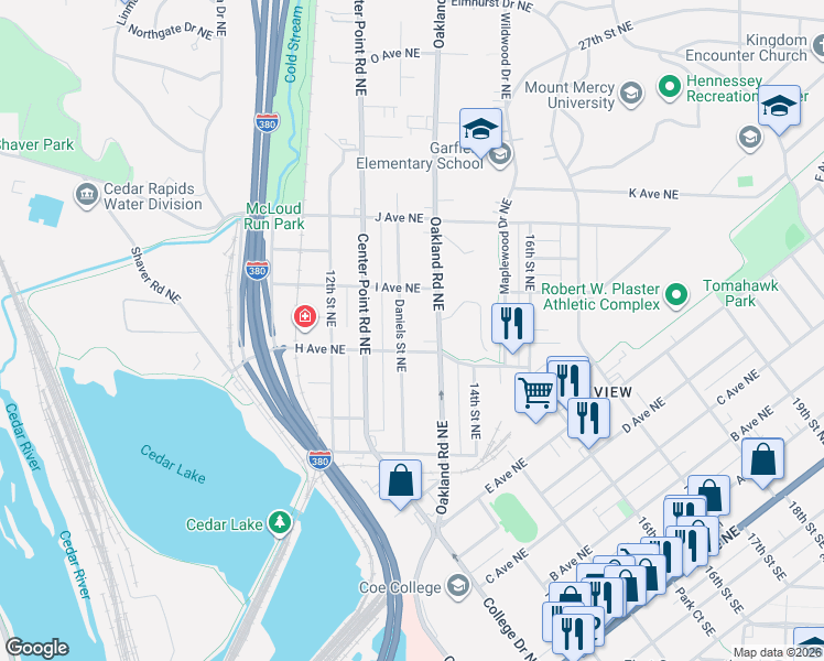 map of restaurants, bars, coffee shops, grocery stores, and more near 945 Oakland Road Northeast in Cedar Rapids