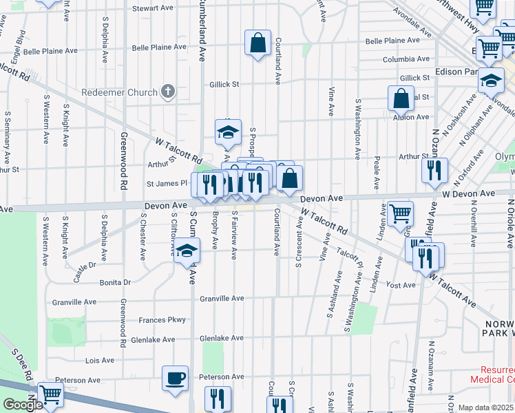 map of restaurants, bars, coffee shops, grocery stores, and more near 621 West Talcott Road in Park Ridge