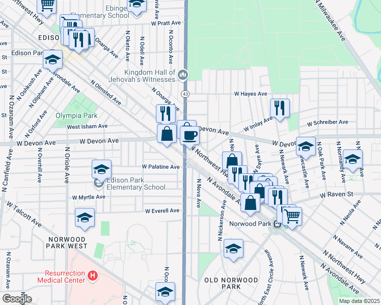 map of restaurants, bars, coffee shops, grocery stores, and more near 6332 North Northwest Highway in Chicago