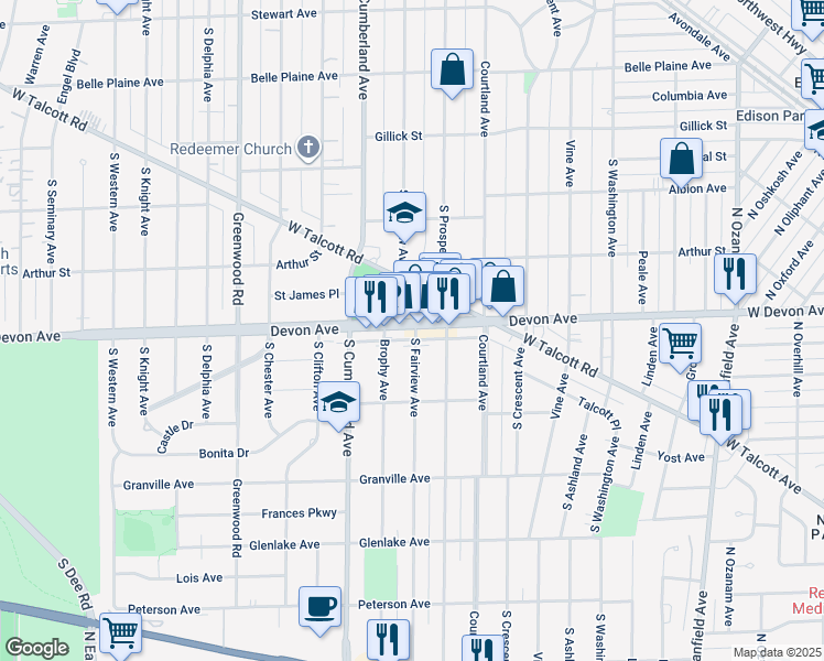 map of restaurants, bars, coffee shops, grocery stores, and more near 1200 South Fairview Avenue in Park Ridge