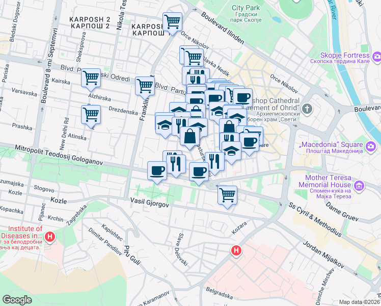 map of restaurants, bars, coffee shops, grocery stores, and more near Petar Pop Arsov in Skopje