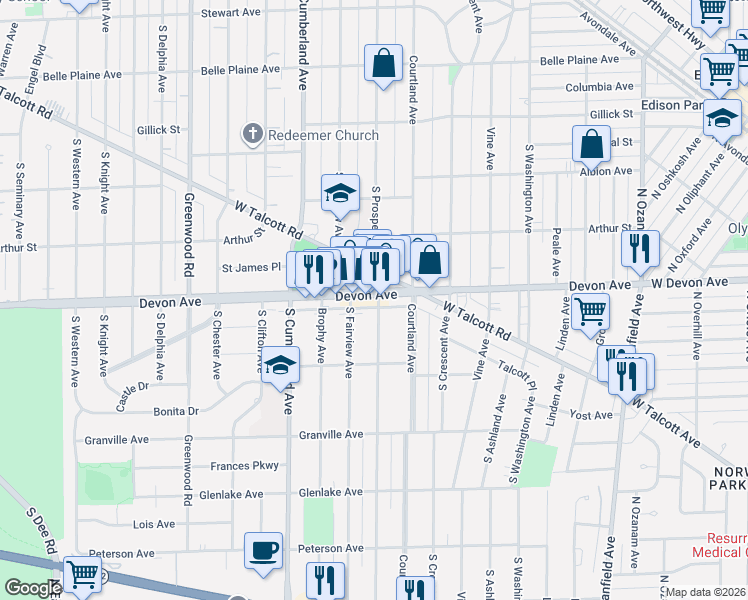 map of restaurants, bars, coffee shops, grocery stores, and more near 701 Devon Avenue in Park Ridge