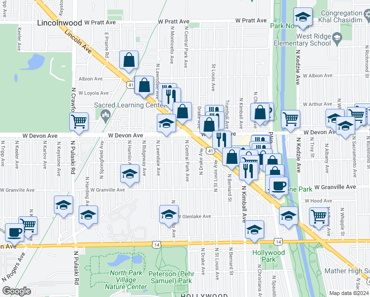 map of restaurants, bars, coffee shops, grocery stores, and more near 6368 North Lincoln Avenue in Chicago