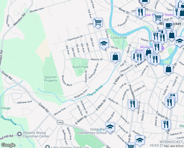 map of restaurants, bars, coffee shops, grocery stores, and more near 84 Asylum Street in Woonsocket