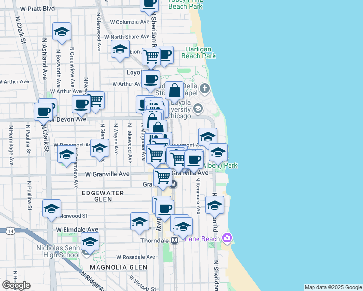 map of restaurants, bars, coffee shops, grocery stores, and more near West Rosemont Avenue & North Winthrop Avenue in Chicago