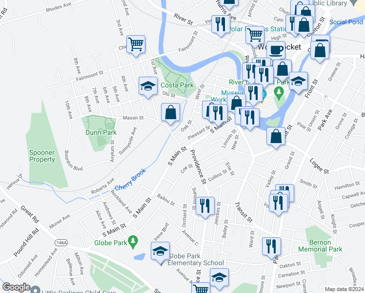 map of restaurants, bars, coffee shops, grocery stores, and more near 365 South Main Street in Woonsocket