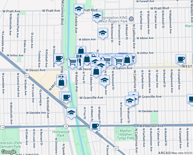 map of restaurants, bars, coffee shops, grocery stores, and more near 3100 West Devon Avenue in Chicago