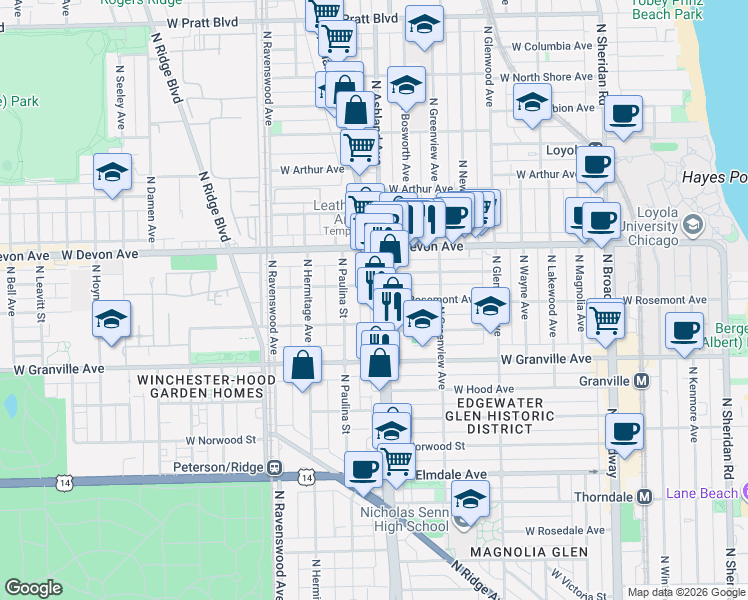 map of restaurants, bars, coffee shops, grocery stores, and more near 6300 North Clark Street in Chicago