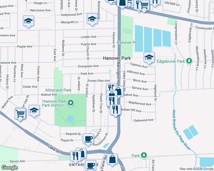 map of restaurants, bars, coffee shops, grocery stores, and more near 6900 Pine Tree Street in Hanover Park