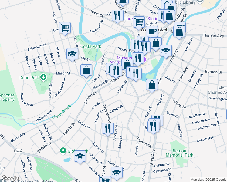 map of restaurants, bars, coffee shops, grocery stores, and more near 39 Parker Street in Woonsocket