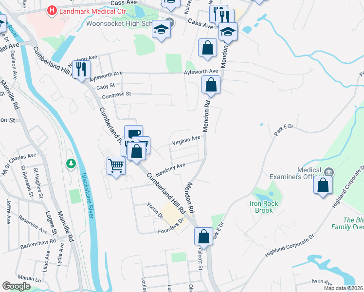 map of restaurants, bars, coffee shops, grocery stores, and more near 107 Virginia Avenue in Woonsocket