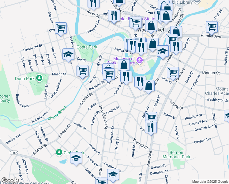 map of restaurants, bars, coffee shops, grocery stores, and more near 39 Parker Street in Woonsocket