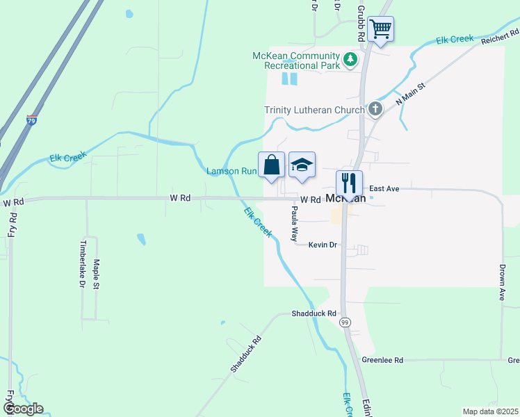 map of restaurants, bars, coffee shops, grocery stores, and more near 5197 W Rd in McKean