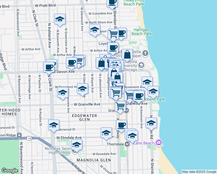 map of restaurants, bars, coffee shops, grocery stores, and more near 6321 North Magnolia Avenue in Chicago