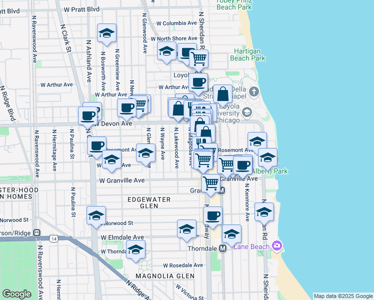 map of restaurants, bars, coffee shops, grocery stores, and more near 6321 North Magnolia Avenue in Chicago