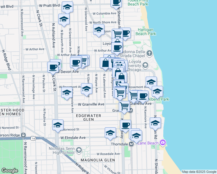 map of restaurants, bars, coffee shops, grocery stores, and more near 6320 North Lakewood Avenue in Chicago