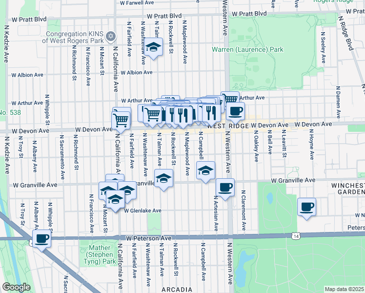 map of restaurants, bars, coffee shops, grocery stores, and more near 6341 North Rockwell Street in Chicago