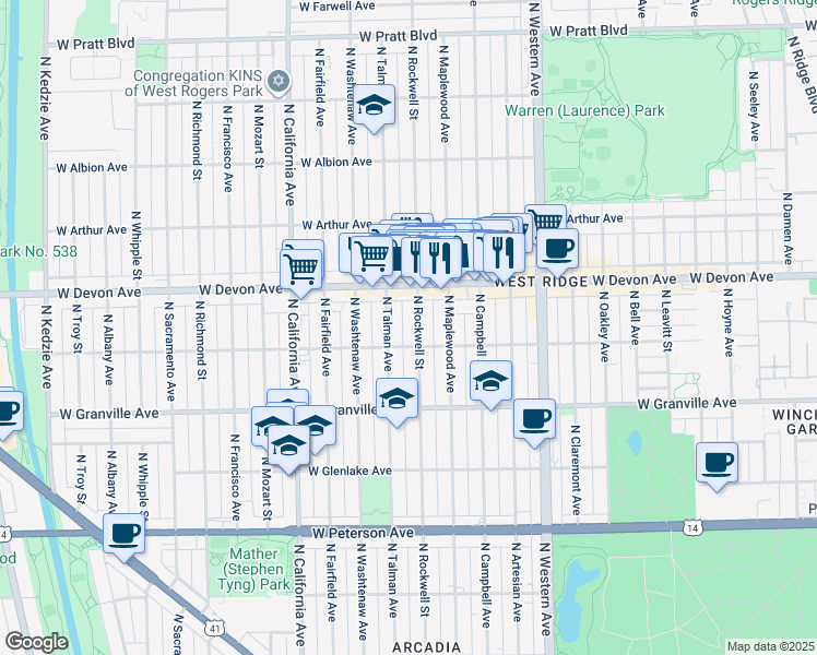 map of restaurants, bars, coffee shops, grocery stores, and more near 6341 North Rockwell Street in Chicago