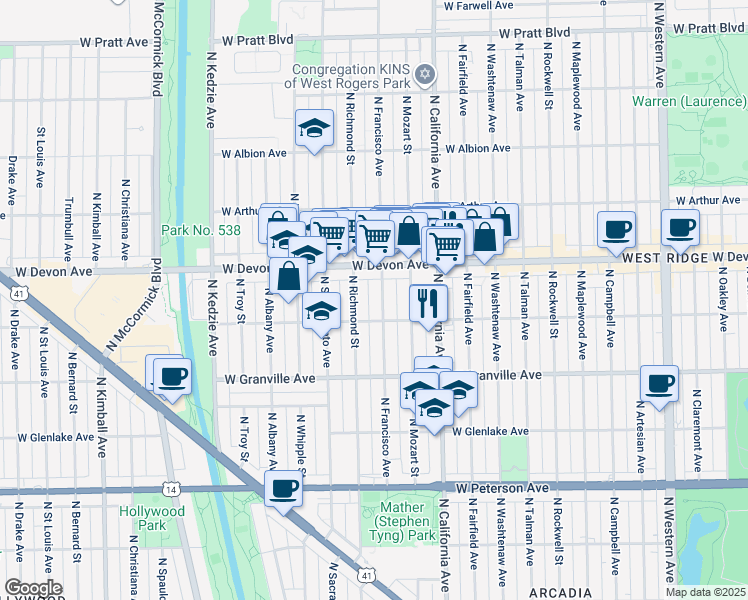 map of restaurants, bars, coffee shops, grocery stores, and more near in Chicago