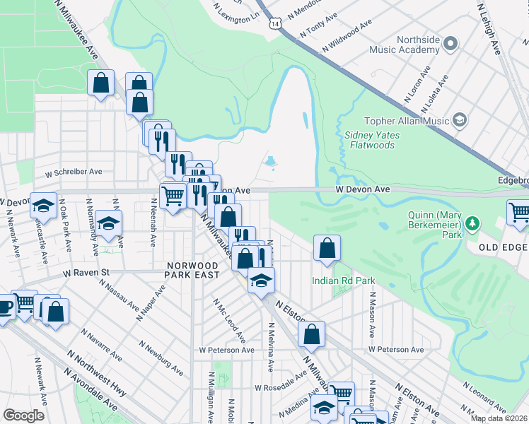 map of restaurants, bars, coffee shops, grocery stores, and more near 6201 West Devon Avenue in Chicago