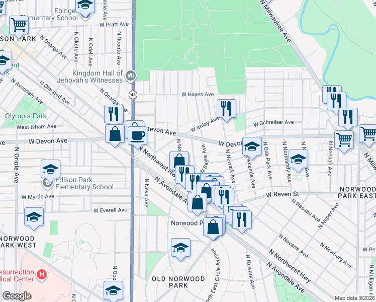 map of restaurants, bars, coffee shops, grocery stores, and more near 6335 North Nordica Avenue in Chicago