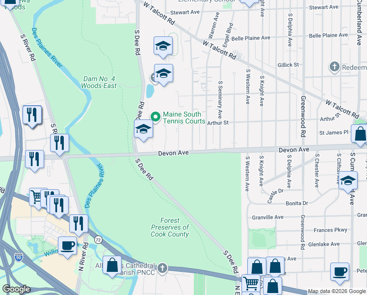 map of restaurants, bars, coffee shops, grocery stores, and more near 1108 South Broadway Avenue in Park Ridge
