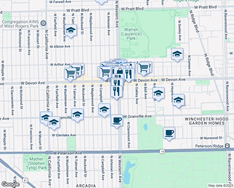 map of restaurants, bars, coffee shops, grocery stores, and more near 6312 North Western Avenue in Chicago