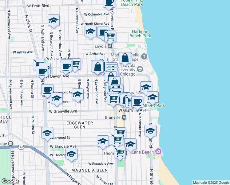 map of restaurants, bars, coffee shops, grocery stores, and more near 3443 N Broadway in Chicago