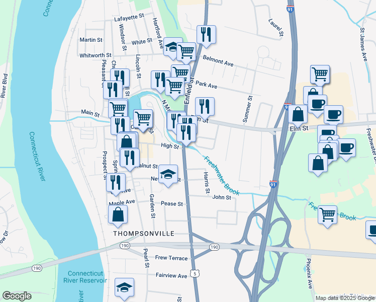 map of restaurants, bars, coffee shops, grocery stores, and more near 935 Enfield Street in Enfield