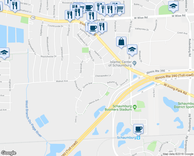 map of restaurants, bars, coffee shops, grocery stores, and more near 1745 Chesapeake Lane in Schaumburg